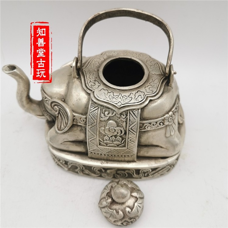 古玩雜項吉祥如意銀茶壺酒壺老銀手提樑大象水壺風水居家擺件收藏-細節圖9