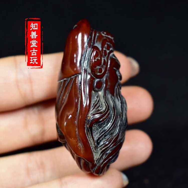 牛角關公頭吊墜掛件?牛角手把件文玩角雕小件古玩仿古老角雕佛頭-細節圖4