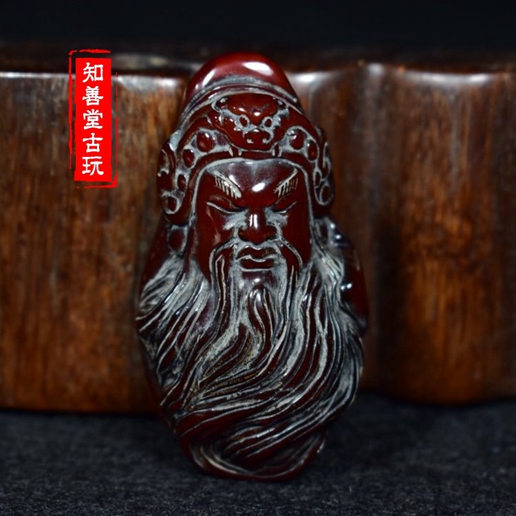 牛角關公頭吊墜掛件?牛角手把件文玩角雕小件古玩仿古老角雕佛頭-細節圖6