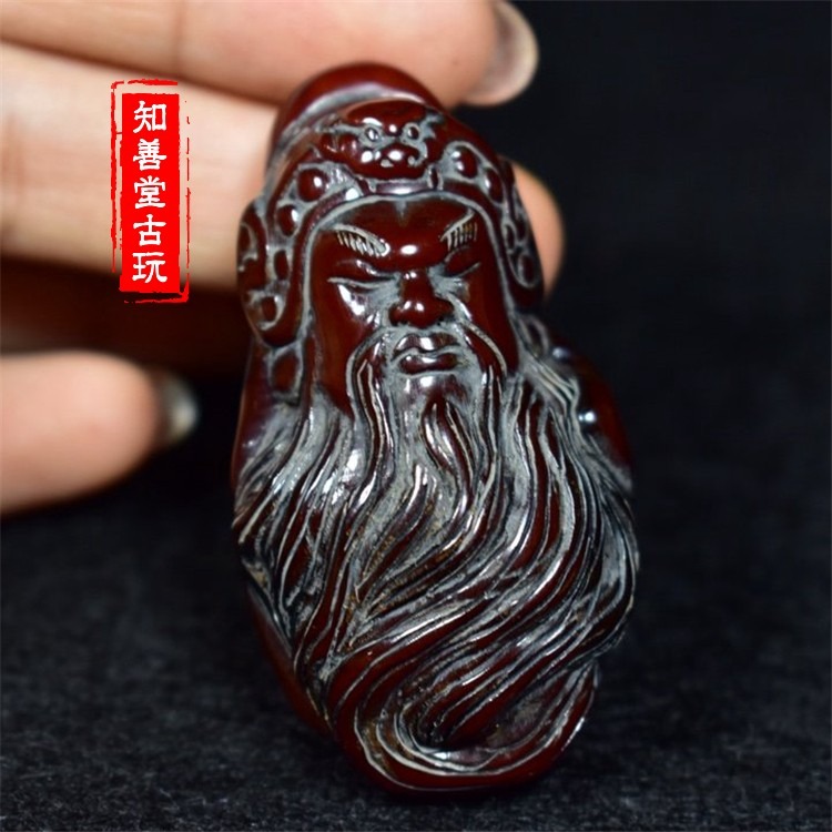 牛角關公頭吊墜掛件?牛角手把件文玩角雕小件古玩仿古老角雕佛頭-細節圖8