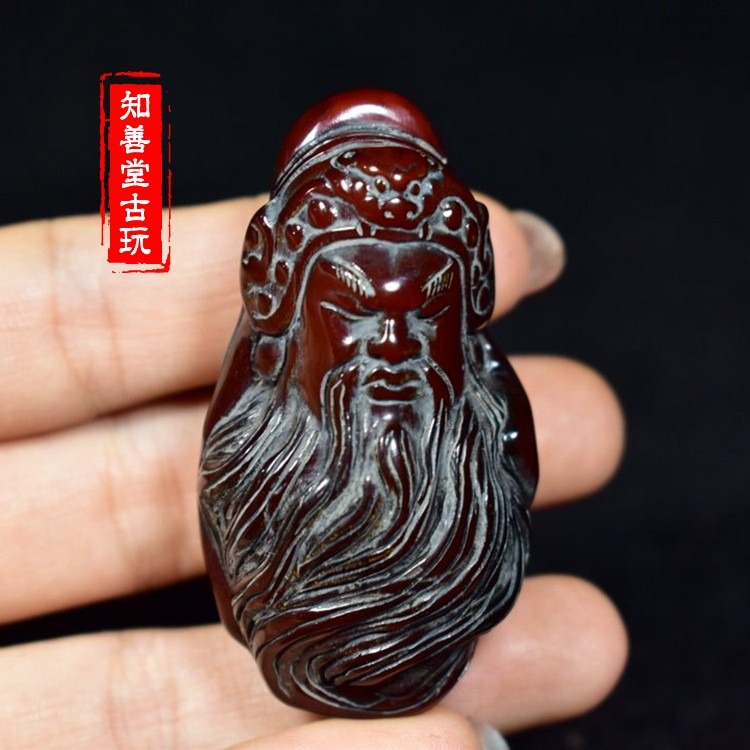 牛角關公頭吊墜掛件?牛角手把件文玩角雕小件古玩仿古老角雕佛頭-細節圖9