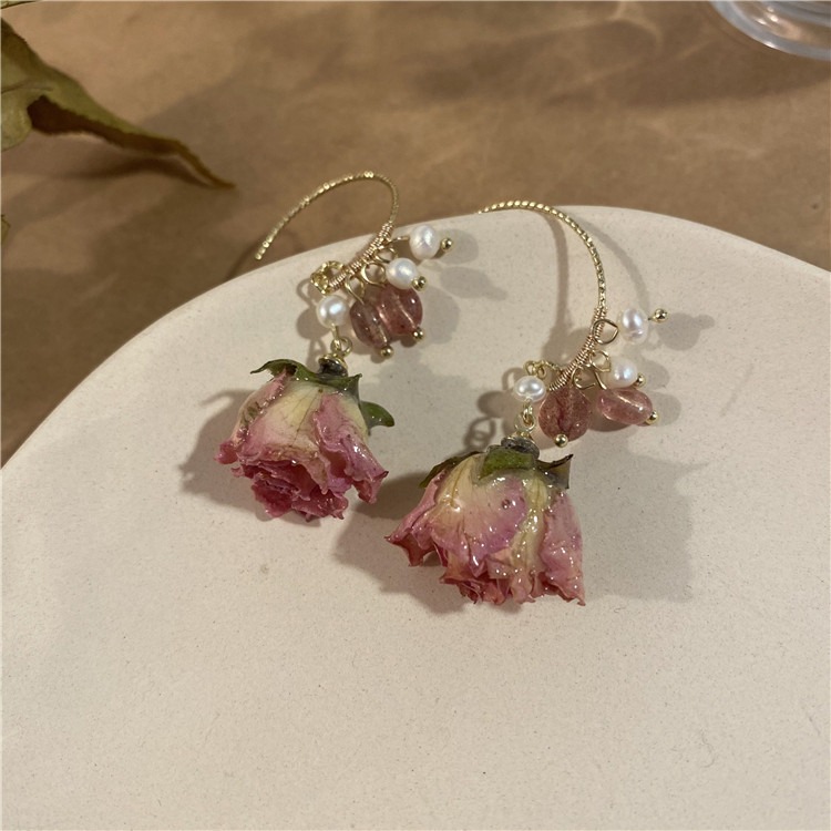 ins優雅氣質永生花耳環耳釘復古森系玫瑰花朵淡水珍珠手鏈飾品女-細節圖5