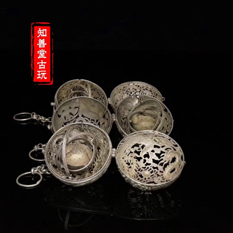 仿古古玩精品仿古銀器葡萄花鳥紋銀香囊香球陀螺平衡球鏤空雕刻-細節圖2