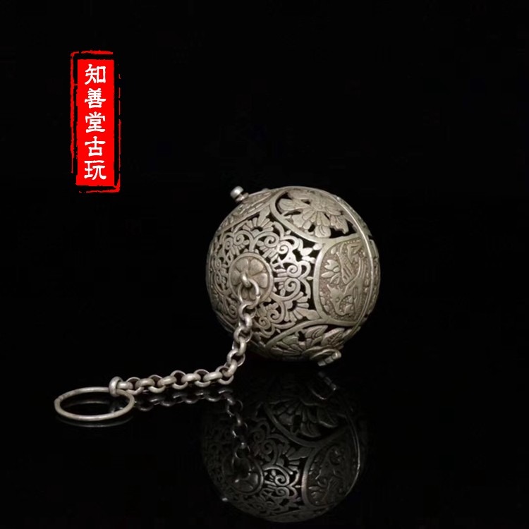 仿古古玩精品仿古銀器葡萄花鳥紋銀香囊香球陀螺平衡球鏤空雕刻-細節圖3