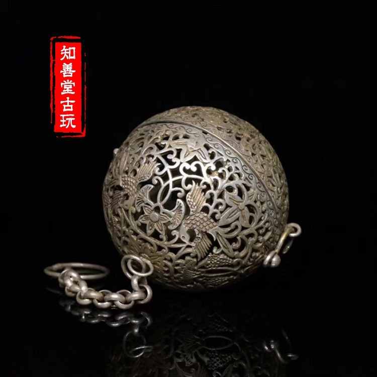 仿古古玩精品仿古銀器葡萄花鳥紋銀香囊香球陀螺平衡球鏤空雕刻-細節圖5