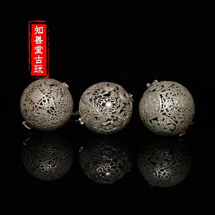 仿古古玩精品仿古銀器葡萄花鳥紋銀香囊香球陀螺平衡球鏤空雕刻-細節圖7