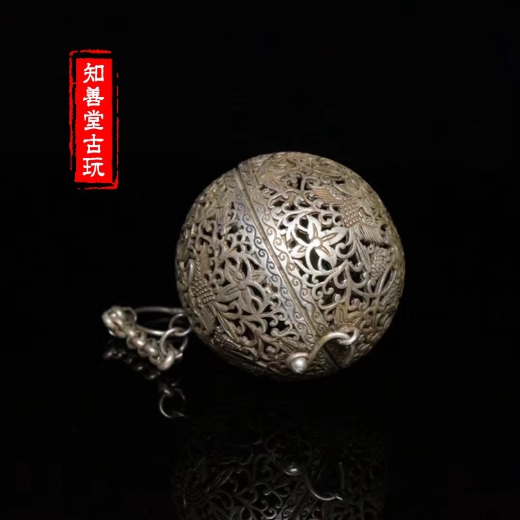 仿古古玩精品仿古銀器葡萄花鳥紋銀香囊香球陀螺平衡球鏤空雕刻-細節圖8