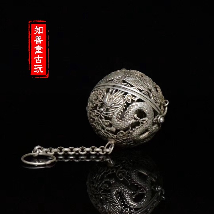 仿古古玩精品仿古銀器葡萄花鳥紋銀香囊香球陀螺平衡球鏤空雕刻-細節圖10