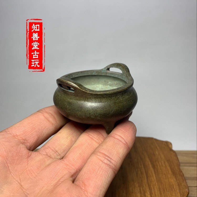 古董銅器銅爐老式宣德爐手工傳世老皮殼包漿小沖耳三腳銅香爐收藏-細節圖10