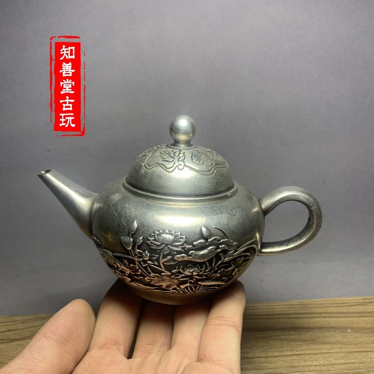 古玩老物件老銅荷花蓮花銅茶壺精工蓮花銅壺水酒壺古董收藏小擺件-細節圖2