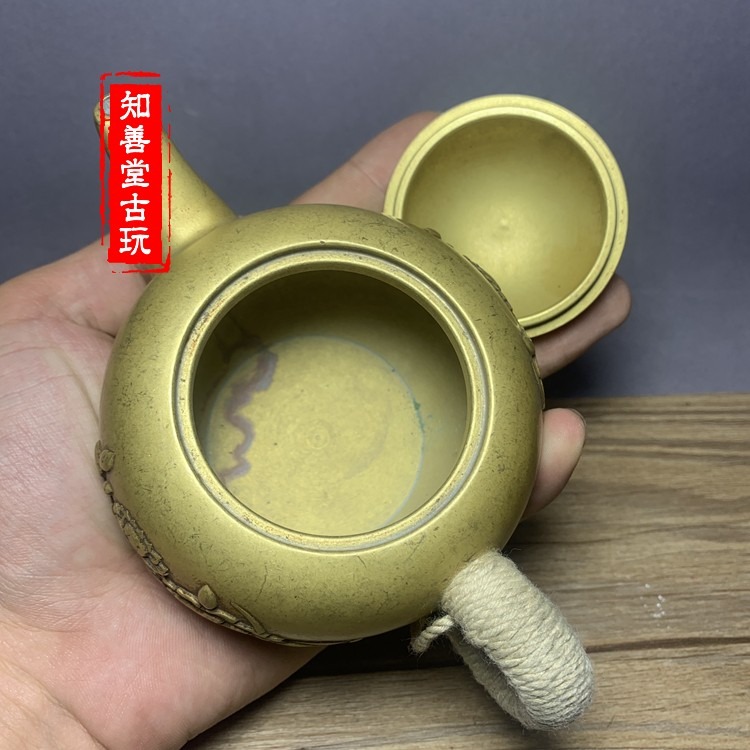 古玩老物件老銅荷花蓮花銅茶壺精工蓮花銅壺水酒壺古董收藏小擺件-細節圖5