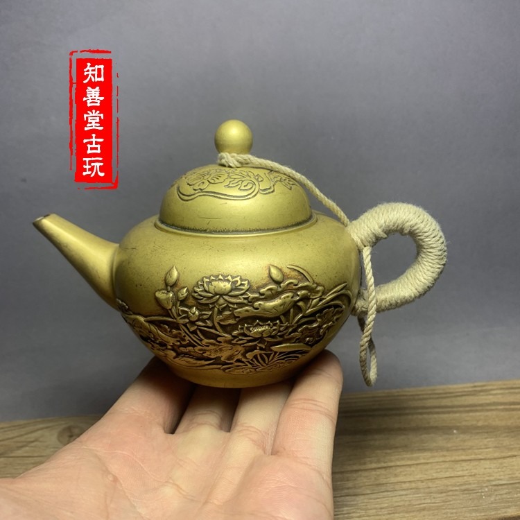 古玩老物件老銅荷花蓮花銅茶壺精工蓮花銅壺水酒壺古董收藏小擺件-細節圖10