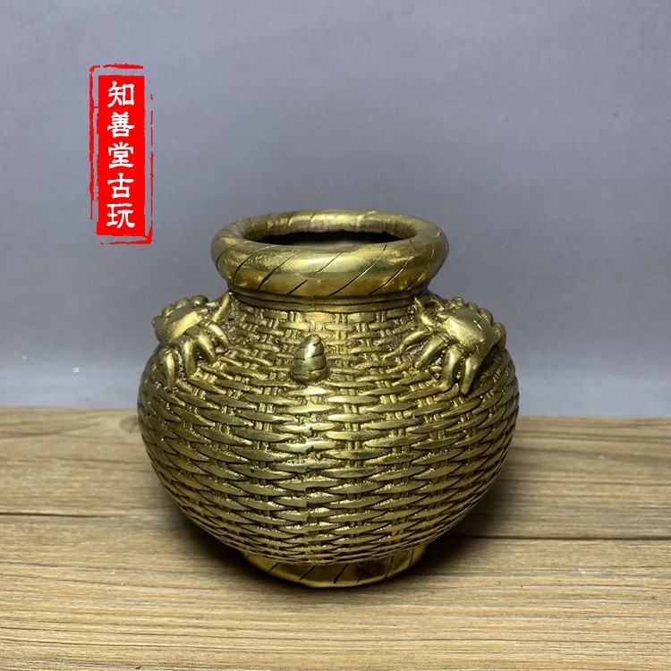 仿古銅器純銅大號螃蟹罐風水擺件魚簍招財罐家居裝飾禮品古玩收藏-細節圖6