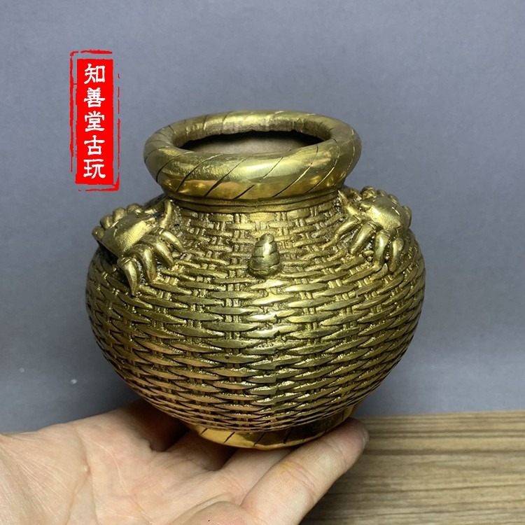 仿古銅器純銅大號螃蟹罐風水擺件魚簍招財罐家居裝飾禮品古玩收藏-細節圖9