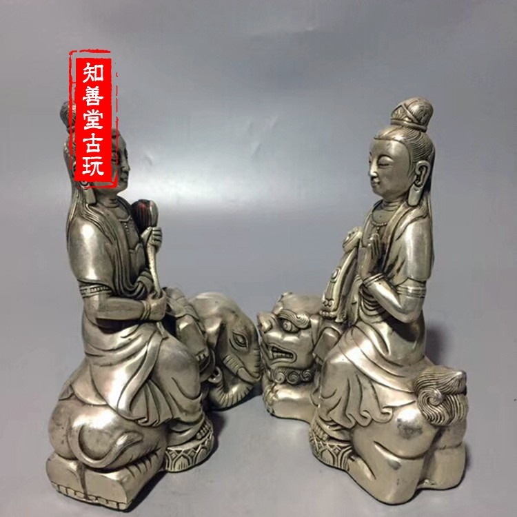 仿古黃銅鍍銀文殊菩薩普賢菩薩佛像 風水擺件文殊 普賢菩薩銅像-細節圖2