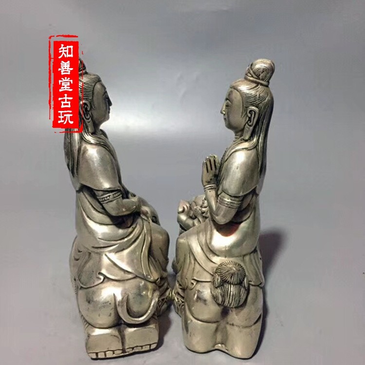 仿古黃銅鍍銀文殊菩薩普賢菩薩佛像 風水擺件文殊 普賢菩薩銅像-細節圖3