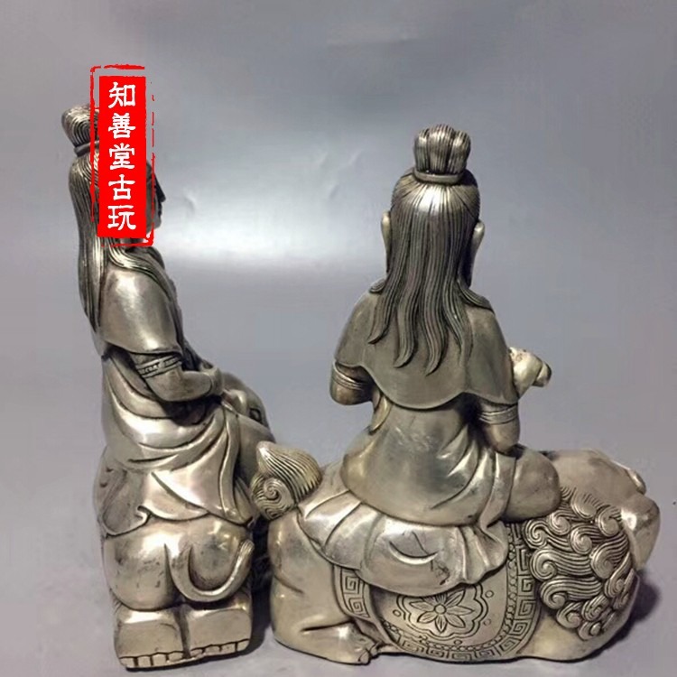 仿古黃銅鍍銀文殊菩薩普賢菩薩佛像 風水擺件文殊 普賢菩薩銅像-細節圖5