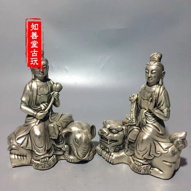 仿古黃銅鍍銀文殊菩薩普賢菩薩佛像 風水擺件文殊 普賢菩薩銅像-細節圖6