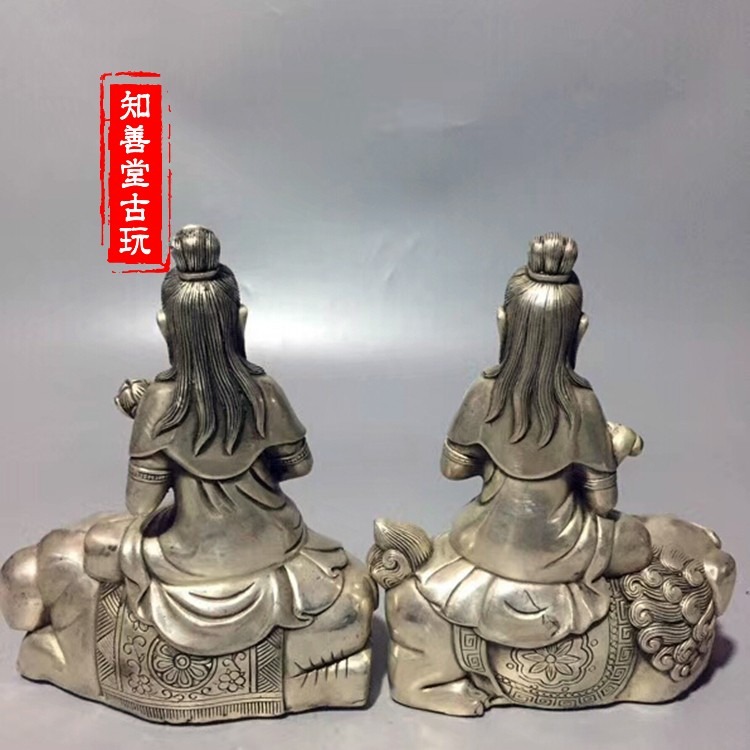 仿古黃銅鍍銀文殊菩薩普賢菩薩佛像 風水擺件文殊 普賢菩薩銅像-細節圖9