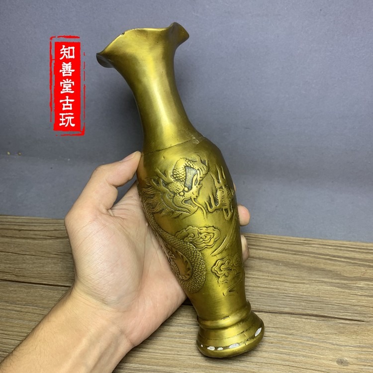 仿古純銅花瓶一對擺件麒麟送子龍鳳雙耳花插老黃銅居家風水裝飾品-細節圖2