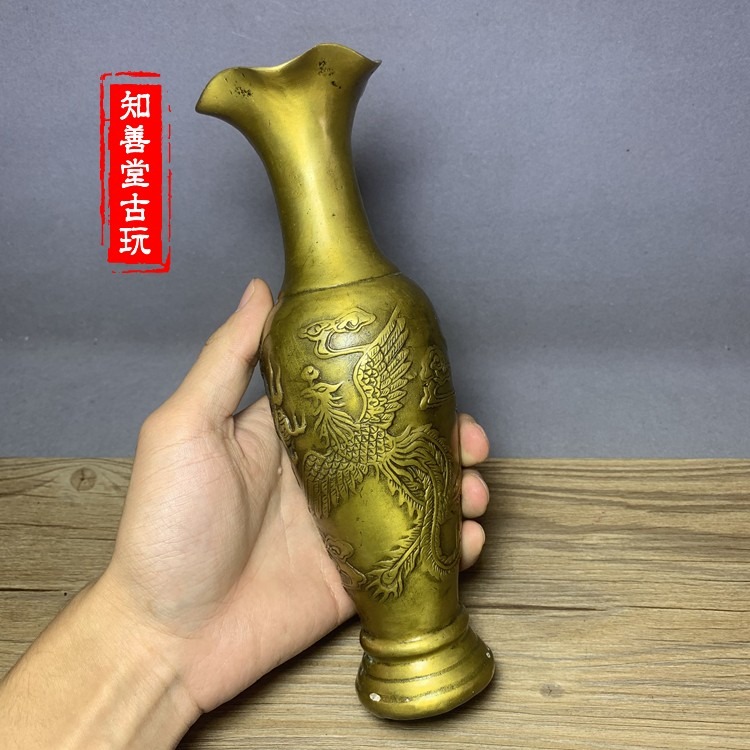 仿古純銅花瓶一對擺件麒麟送子龍鳳雙耳花插老黃銅居家風水裝飾品-細節圖3