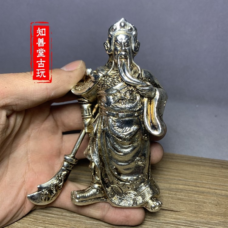 古玩雜項仿銀白銅佛像銅雕銅器仿古做舊白銅擺件白銅關公像-細節圖7