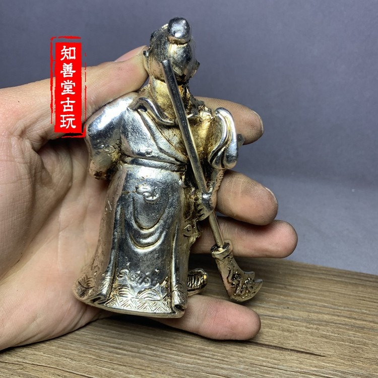 古玩雜項仿銀白銅佛像銅雕銅器仿古做舊白銅擺件白銅關公像-細節圖8