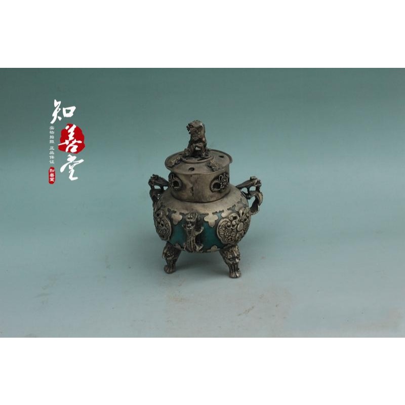 古玩雜項收藏 復古仿古 銀包玉三足小獅子香薰古玩銅器-細節圖5