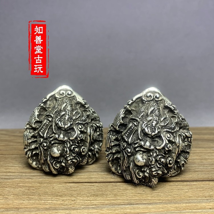 古玩雜項白銅鎏鍍銀核桃手球手把件浮雕雙龍健身球老年銅手球古玩-細節圖6