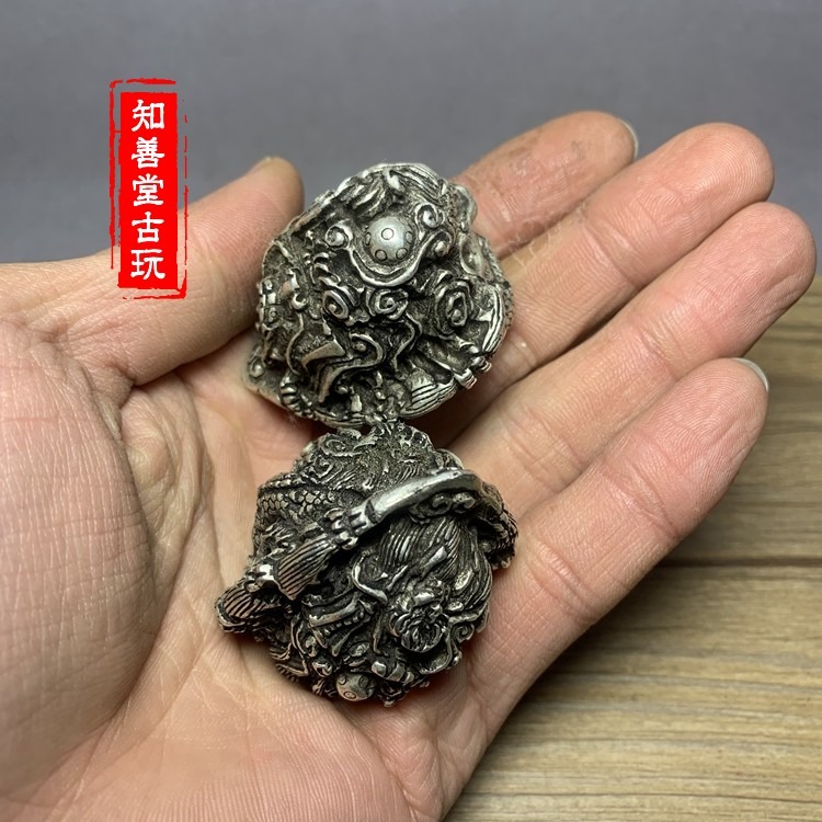 古玩雜項白銅鎏鍍銀核桃手球手把件浮雕雙龍健身球老年銅手球古玩-細節圖7