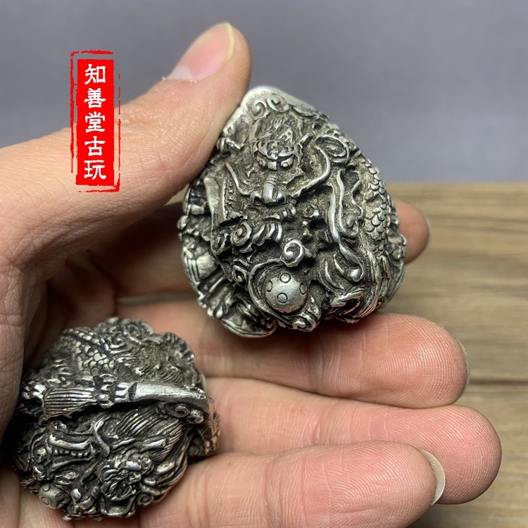 古玩雜項白銅鎏鍍銀核桃手球手把件浮雕雙龍健身球老年銅手球古玩-細節圖8