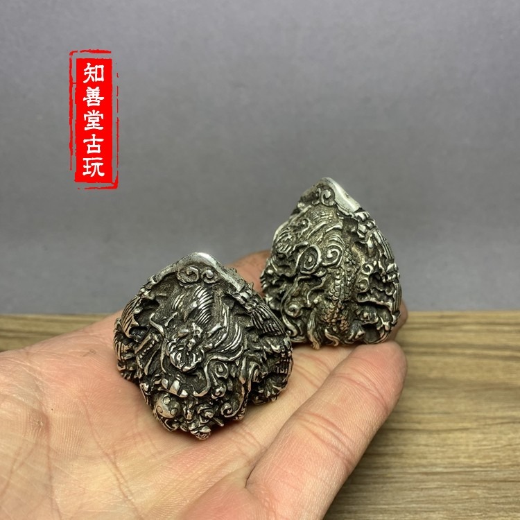 古玩雜項白銅鎏鍍銀核桃手球手把件浮雕雙龍健身球老年銅手球古玩-細節圖10