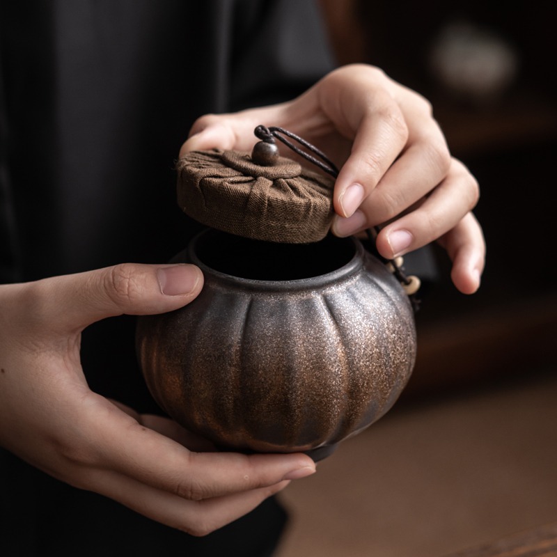 創意燈籠茶葉罐密封罐粗陶窯變陶瓷茶罐小號茶葉收納盒存茶儲茶罐-細節圖3