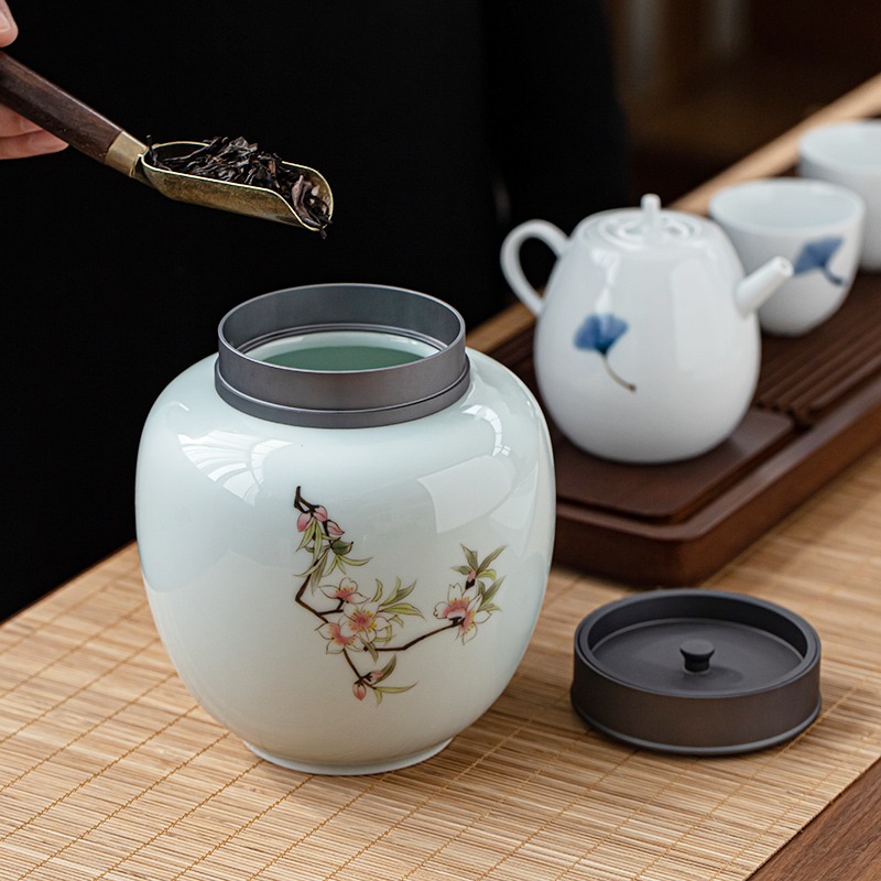 影青手繪茶葉罐密封家用精品高檔禮盒裝儲存罐陶瓷防潮大號一斤裝-細節圖3
