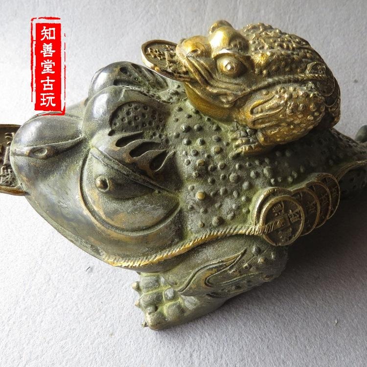 仿古銅器風水純銅擺件動物工藝品家居擺設禮品銅器鎏金雙金蟾-細節圖6