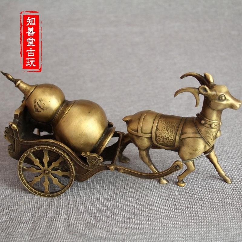 仿古銅器風水純銅擺件古玩手工精雕純銅金屬工藝品鹿拉福車擺件-細節圖2