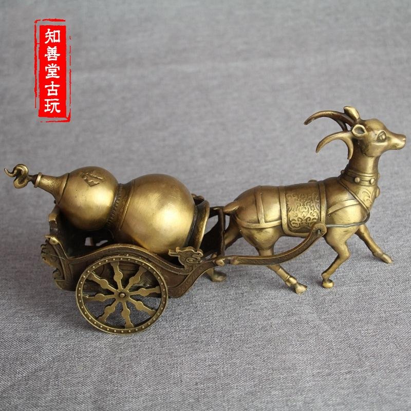 仿古銅器風水純銅擺件古玩手工精雕純銅金屬工藝品鹿拉福車擺件-細節圖3