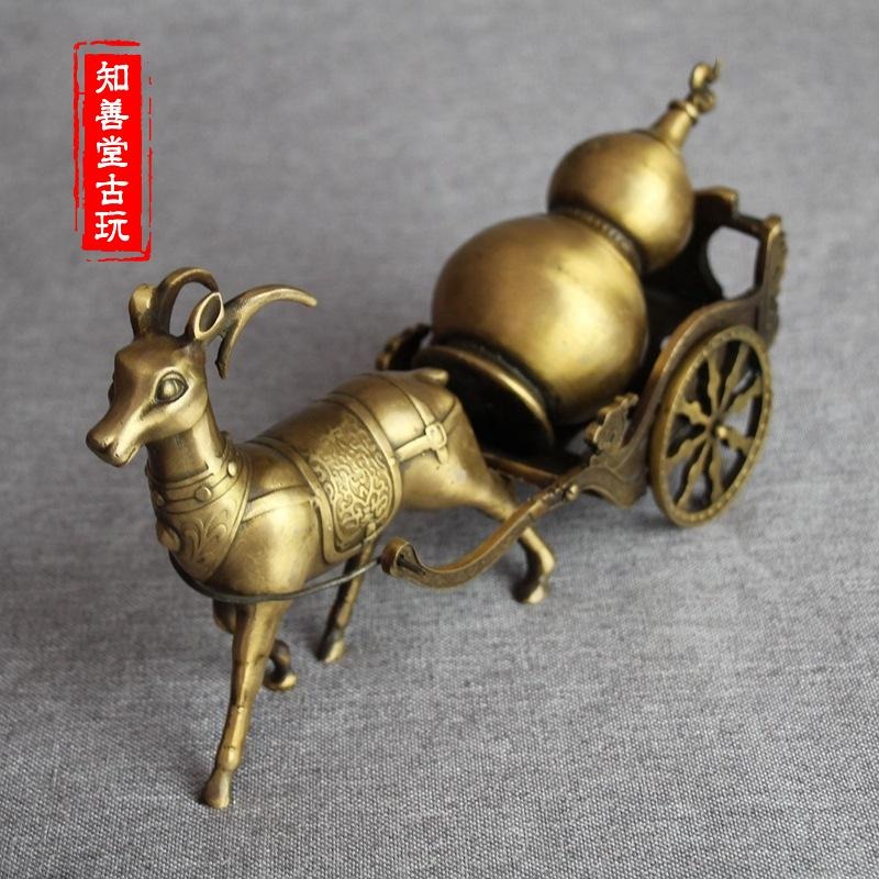 仿古銅器風水純銅擺件古玩手工精雕純銅金屬工藝品鹿拉福車擺件-細節圖5