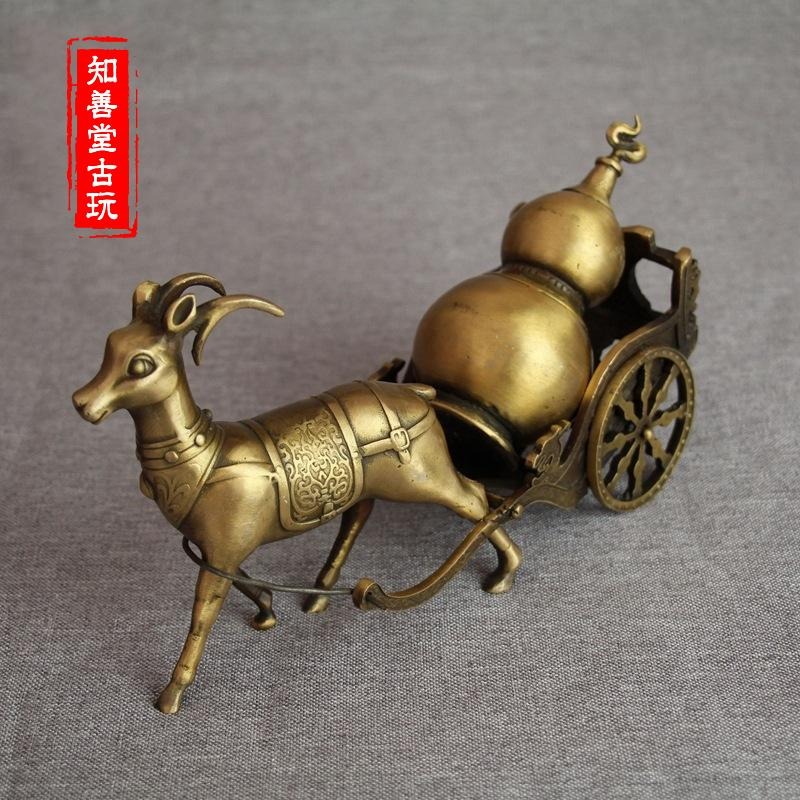 仿古銅器風水純銅擺件古玩手工精雕純銅金屬工藝品鹿拉福車擺件-細節圖6