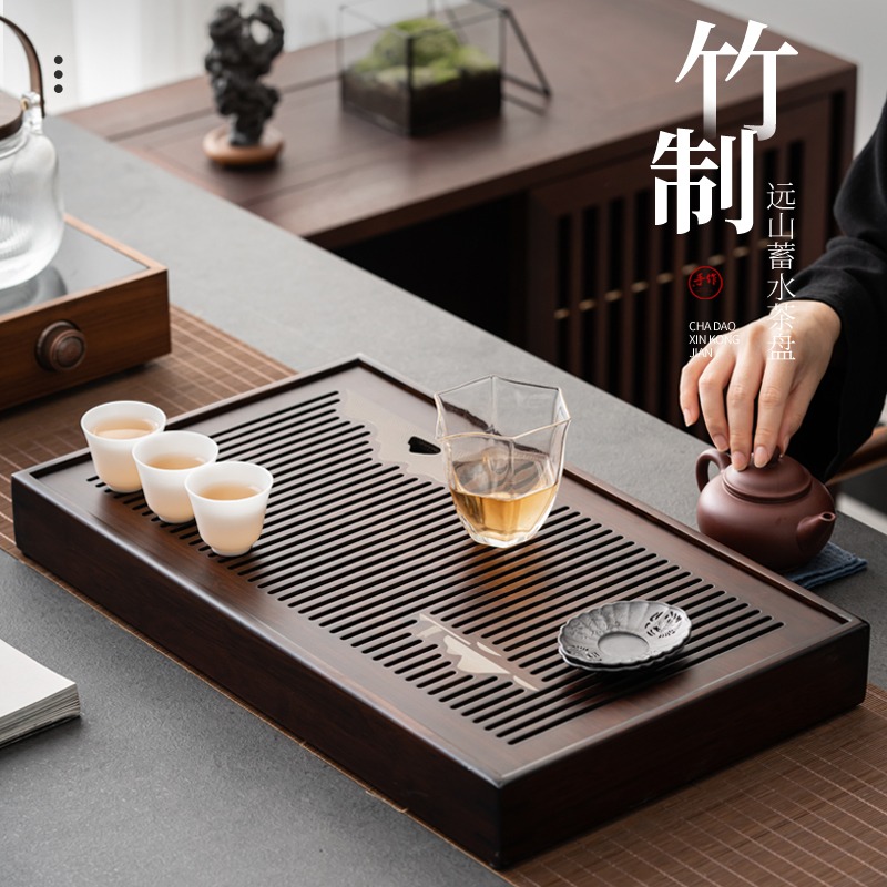 竹製茶盤簡約家用幹泡盤功夫茶具託盤瀝水儲水式排水簡約現代茶臺-細節圖3