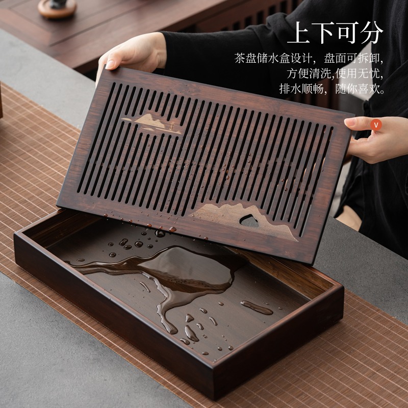 竹製茶盤簡約家用幹泡盤功夫茶具託盤瀝水儲水式排水簡約現代茶臺-細節圖4