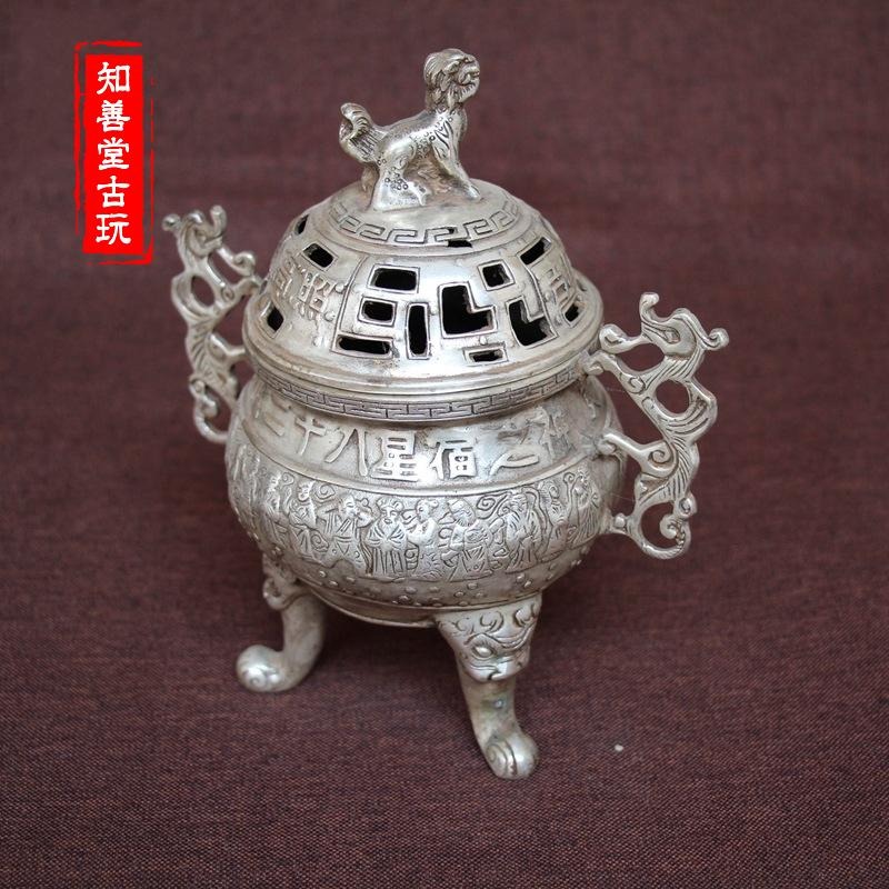 古玩銅器收藏仿古純銅白銅黃銅鍍銀吉星高照銅香爐風水家居擺件-細節圖8