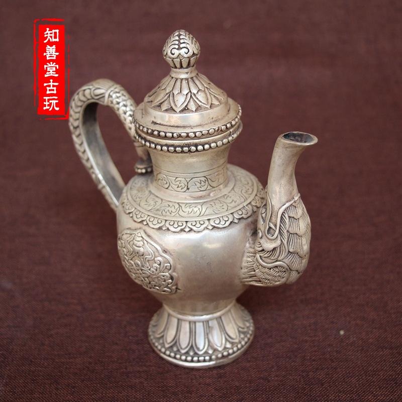 古玩銅器收藏 仿古純銅 白銅黃銅鍍銀小龍頭銅壺酒壺風水家居擺件-細節圖2
