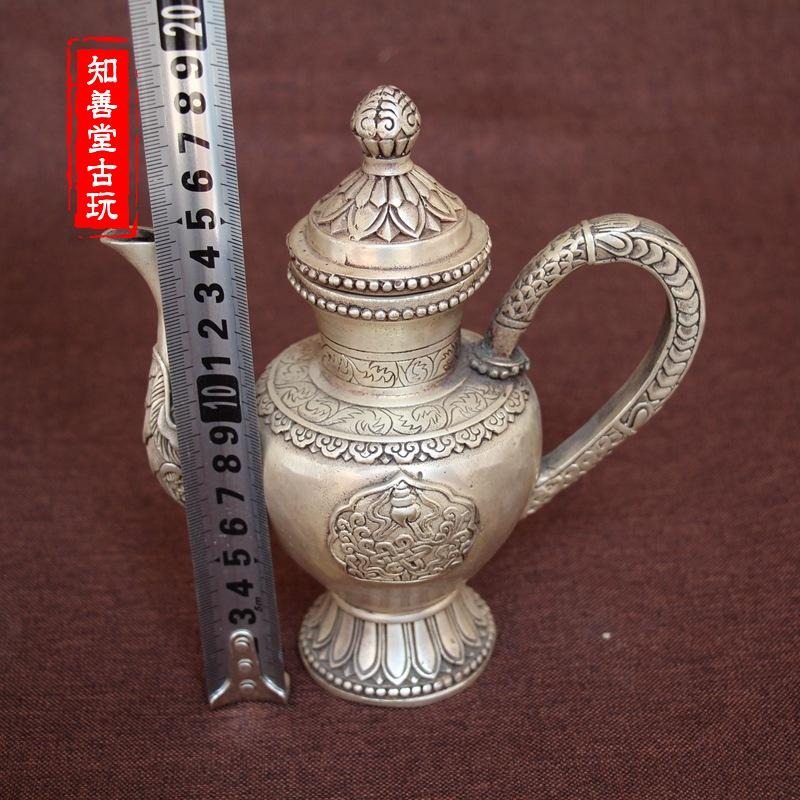 古玩銅器收藏 仿古純銅 白銅黃銅鍍銀小龍頭銅壺酒壺風水家居擺件-細節圖4