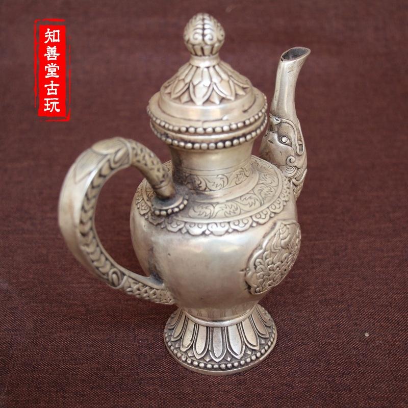 古玩銅器收藏 仿古純銅 白銅黃銅鍍銀小龍頭銅壺酒壺風水家居擺件-細節圖6