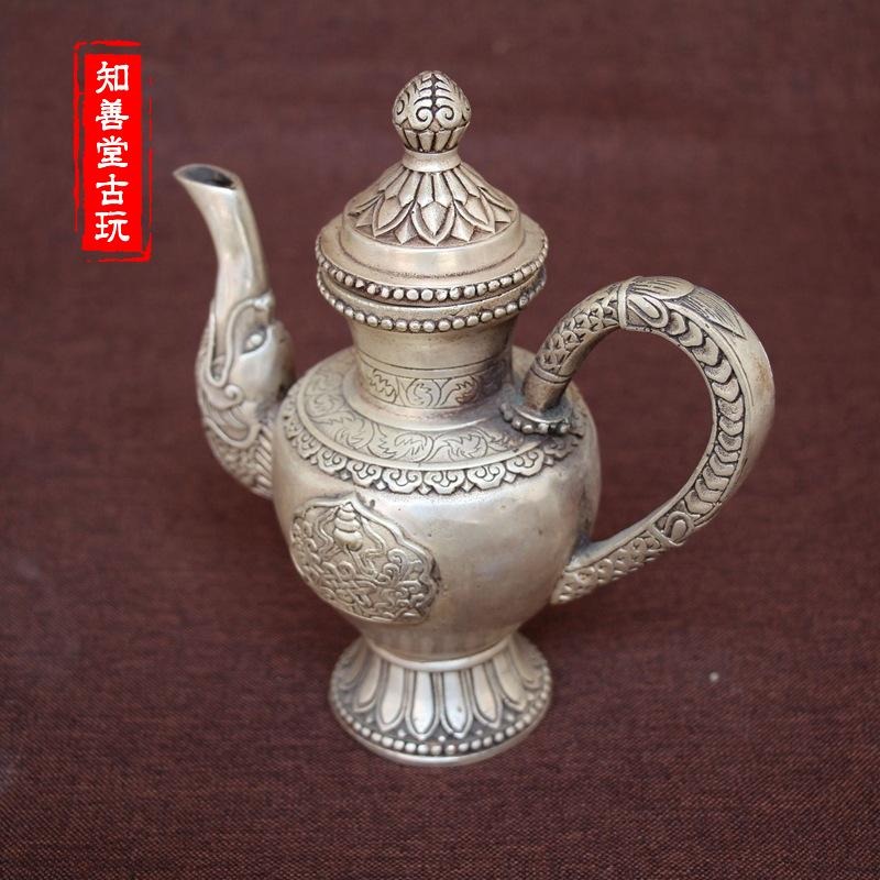 古玩銅器收藏 仿古純銅 白銅黃銅鍍銀小龍頭銅壺酒壺風水家居擺件-細節圖7