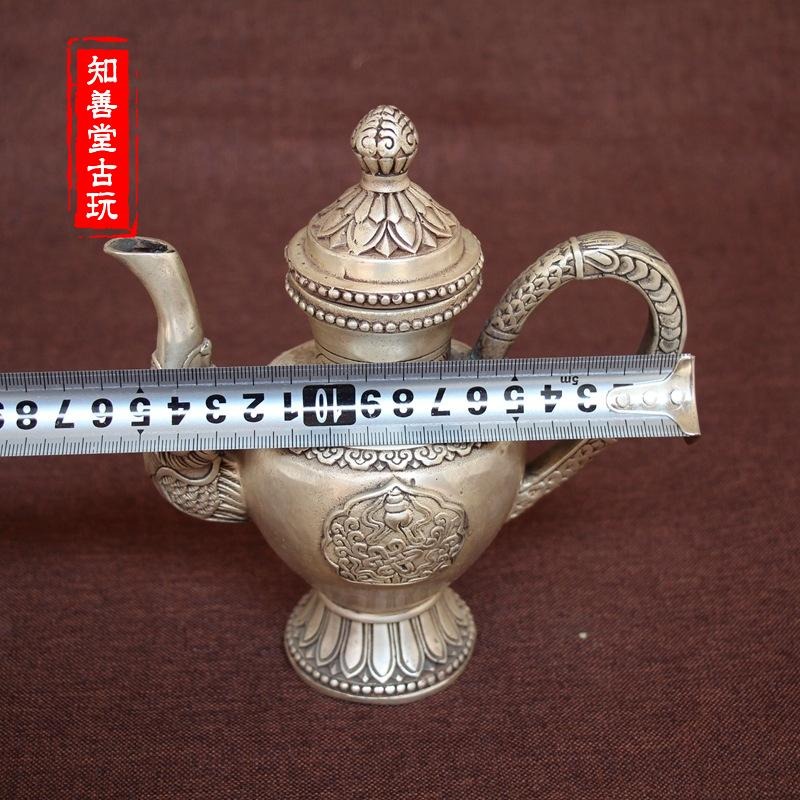古玩銅器收藏 仿古純銅 白銅黃銅鍍銀小龍頭銅壺酒壺風水家居擺件-細節圖8