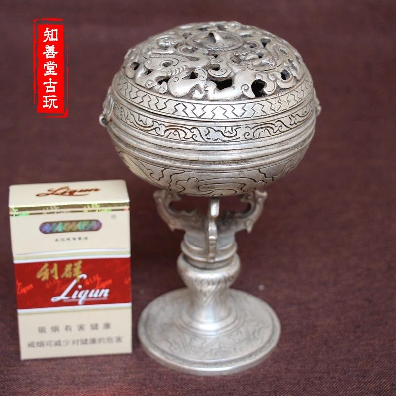 古玩銅器收藏仿古純銅白銅黃銅鍍銀高腳三龍銅香爐風水家居擺件-細節圖5