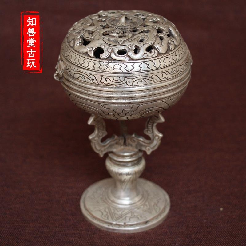 古玩銅器收藏仿古純銅白銅黃銅鍍銀高腳三龍銅香爐風水家居擺件-細節圖6