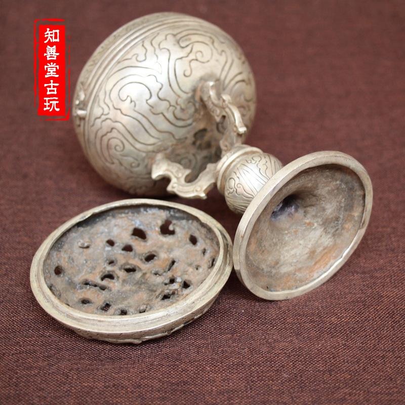 古玩銅器收藏仿古純銅白銅黃銅鍍銀高腳三龍銅香爐風水家居擺件-細節圖7